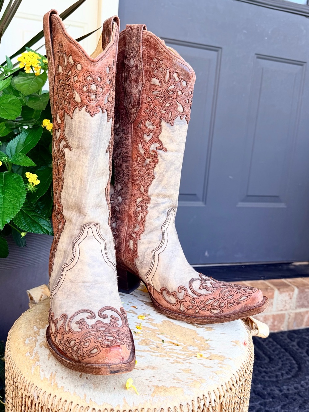 Corral Addison Sand Saddle Leather Pull On Snip Toe Cowboy Boot Distressed 8
